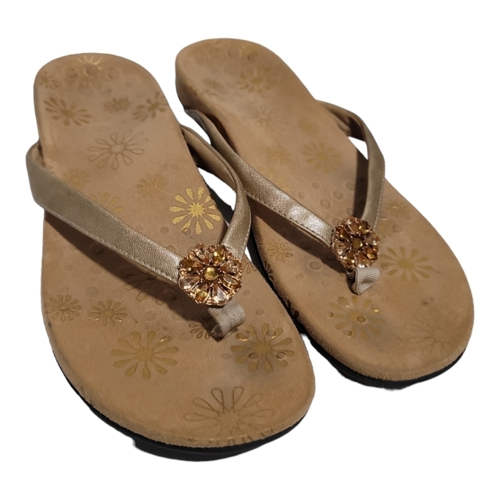 Vionic Sharon Gold Rhinestone Sandals Thongs 9 Orthoheel Comfort Flip-flops